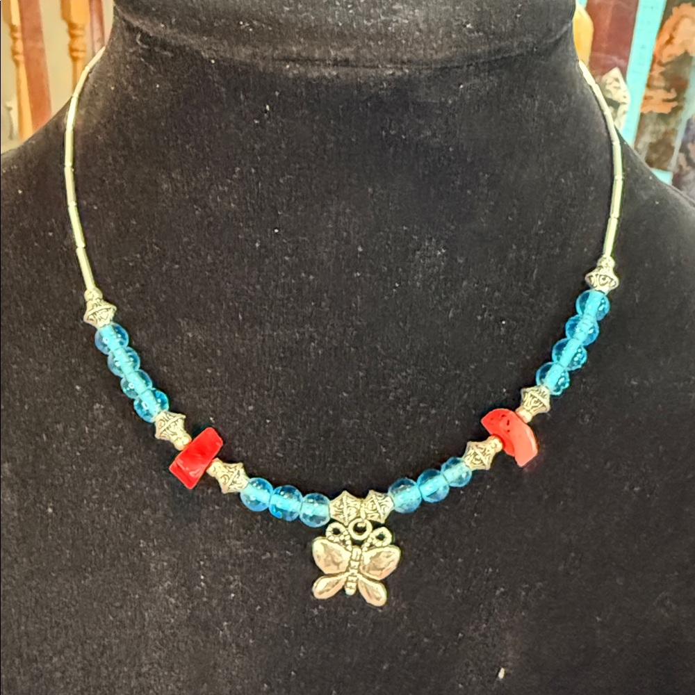 Elegant Silver and Blue Beaded Necklace w coral beads